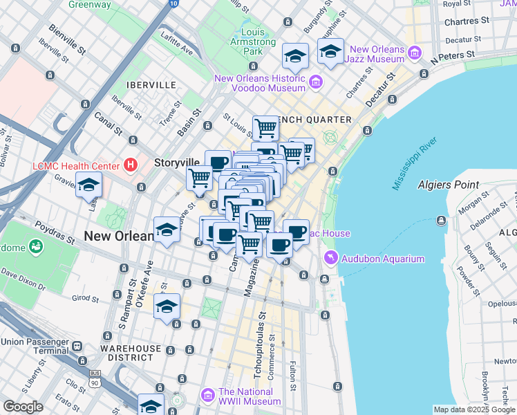 map of restaurants, bars, coffee shops, grocery stores, and more near 141 Chartres Street in New Orleans