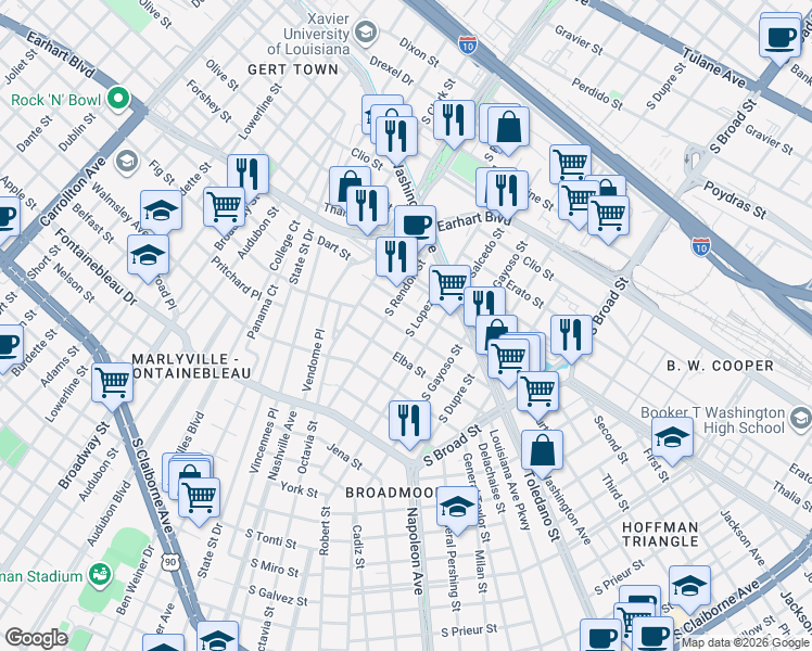 map of restaurants, bars, coffee shops, grocery stores, and more near 4418 Eden Street in New Orleans