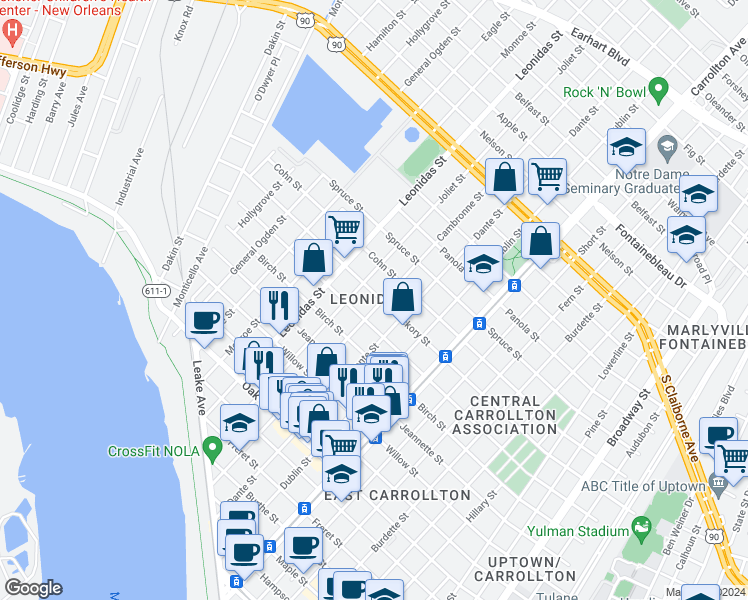 map of restaurants, bars, coffee shops, grocery stores, and more near 8325 Hickory Street in New Orleans