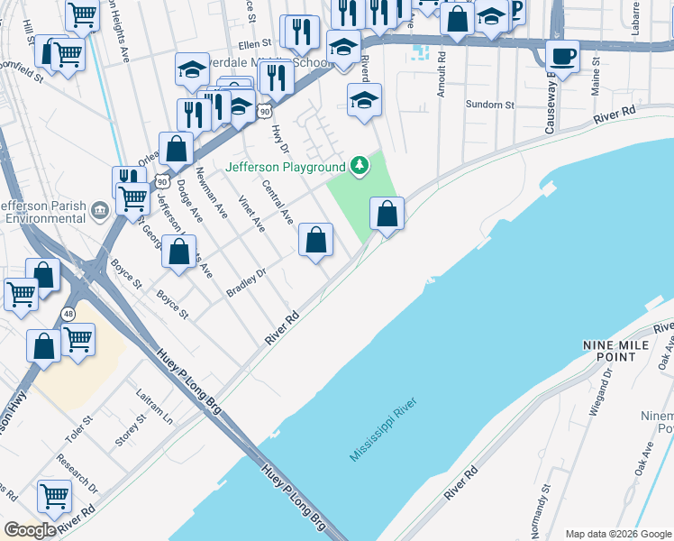 map of restaurants, bars, coffee shops, grocery stores, and more near 138 Central Avenue in Jefferson