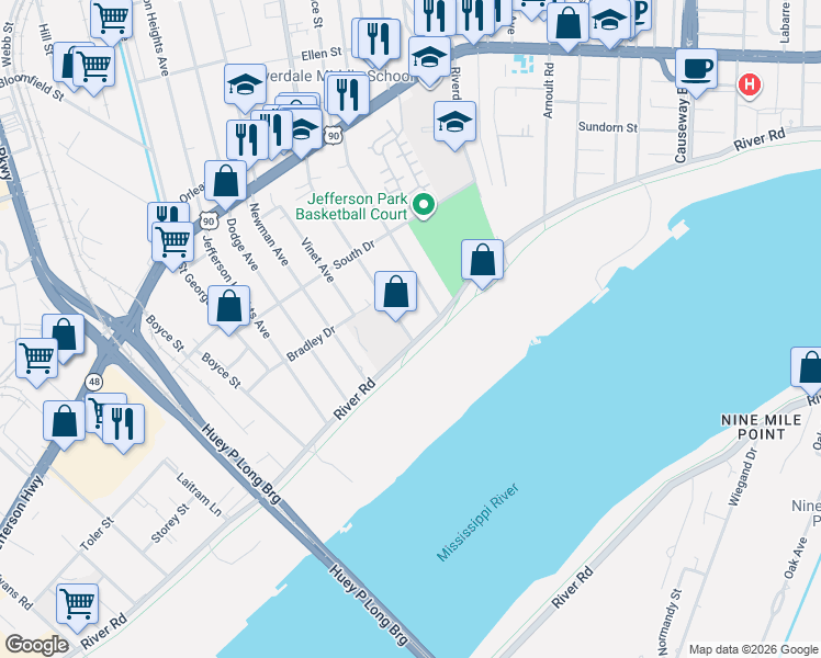 map of restaurants, bars, coffee shops, grocery stores, and more near 138 Central Avenue in Jefferson