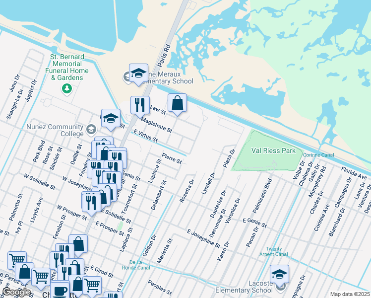 map of restaurants, bars, coffee shops, grocery stores, and more near 3002 Laviosier Street in Chalmette