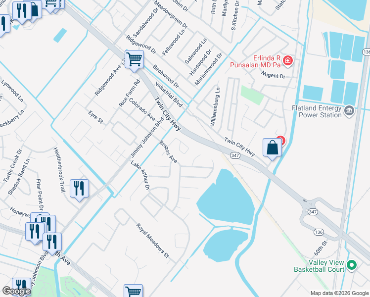 map of restaurants, bars, coffee shops, grocery stores, and more near 7335 Indian River Drive in Port Arthur