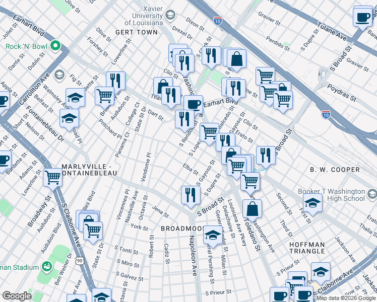 map of restaurants, bars, coffee shops, grocery stores, and more near 4418 Eden Street in New Orleans