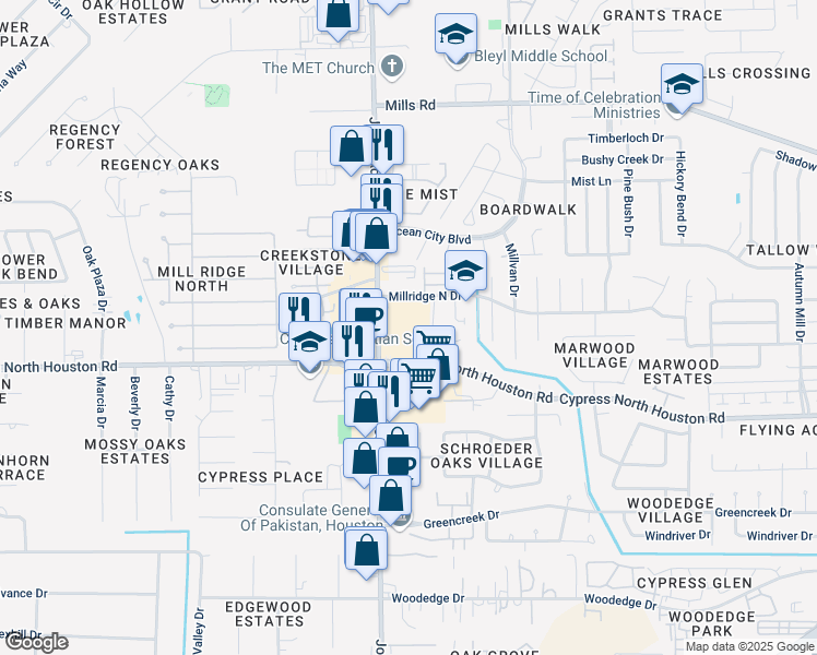 map of restaurants, bars, coffee shops, grocery stores, and more near 12330 Jones Road in Houston