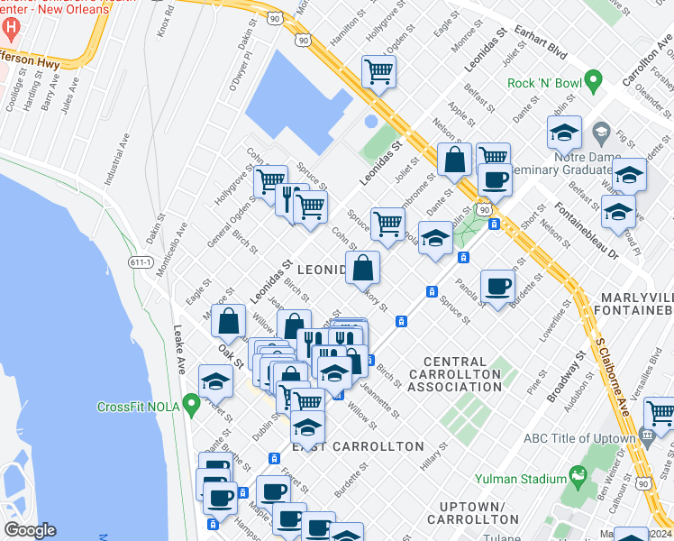 map of restaurants, bars, coffee shops, grocery stores, and more near 8325 Hickory Street in New Orleans
