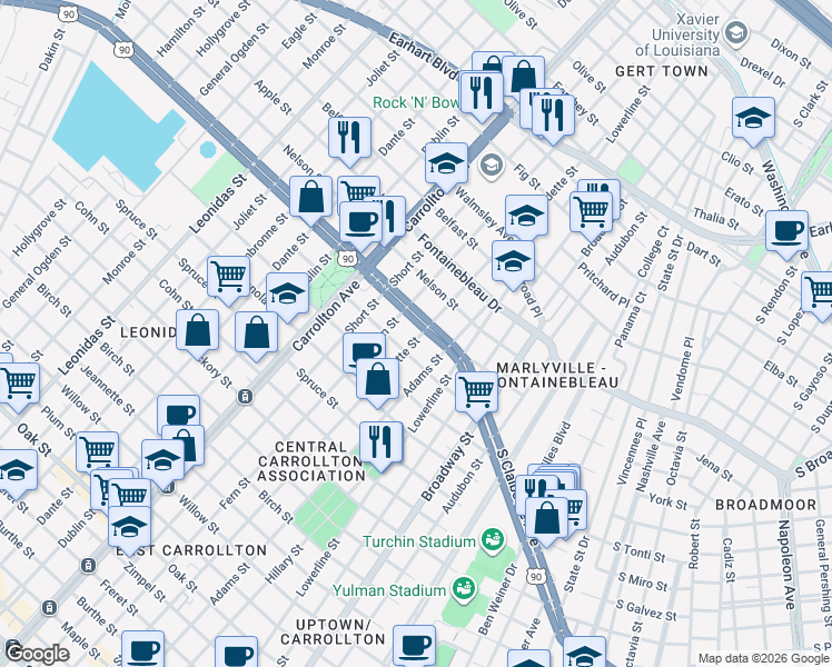 map of restaurants, bars, coffee shops, grocery stores, and more near 2332 Burdette Street in New Orleans