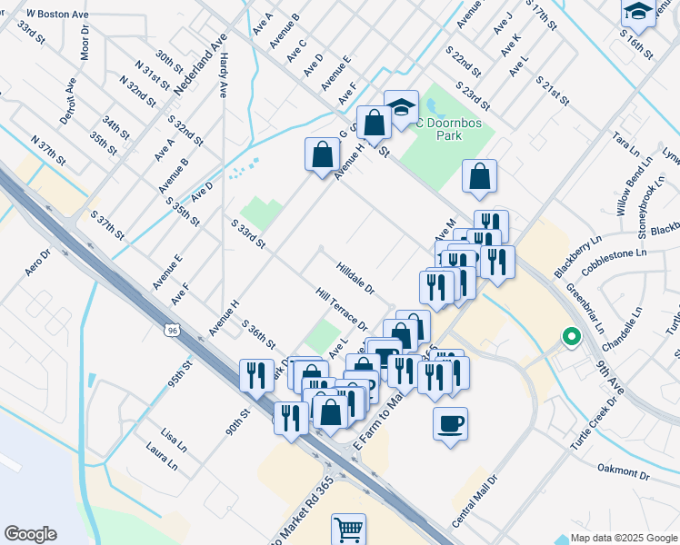 map of restaurants, bars, coffee shops, grocery stores, and more near 135 Hilldale Drive in Nederland