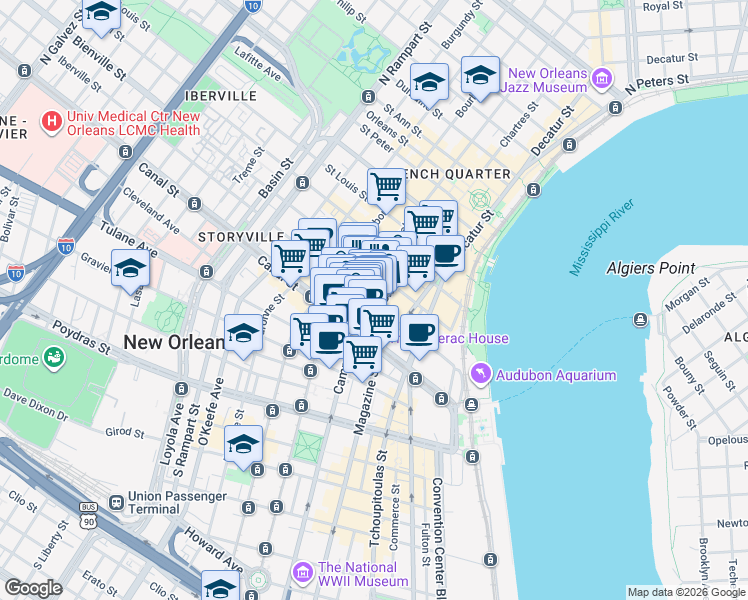 map of restaurants, bars, coffee shops, grocery stores, and more near 601 Iberville Street in New Orleans