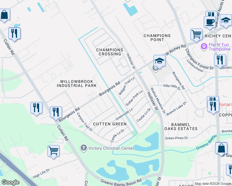 map of restaurants, bars, coffee shops, grocery stores, and more near 11527 Corola Trail Drive in Houston