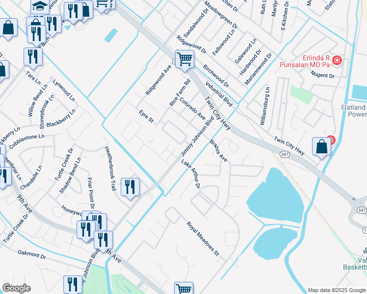 map of restaurants, bars, coffee shops, grocery stores, and more near 7605 Spring Meadow Lane in Port Arthur