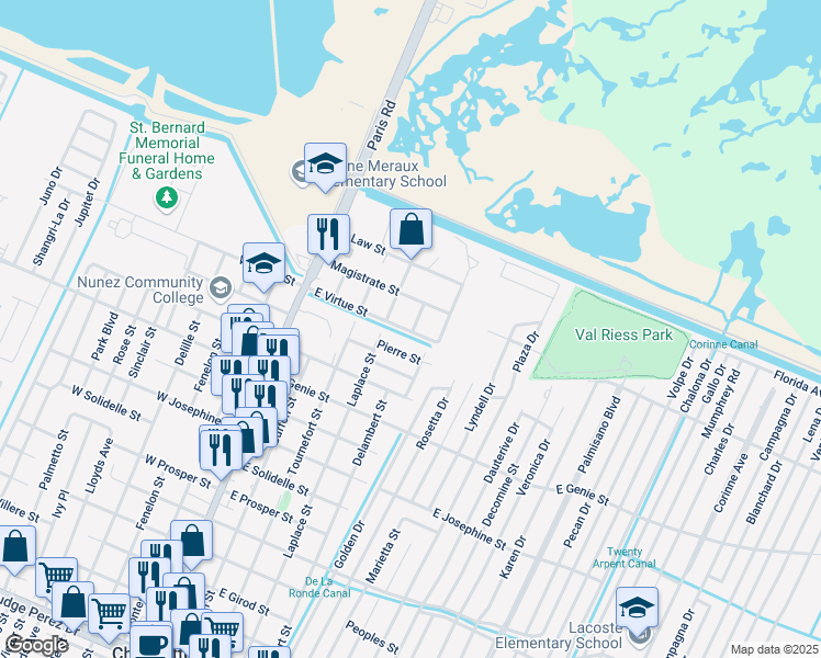 map of restaurants, bars, coffee shops, grocery stores, and more near 421B East Virtue Street in Chalmette