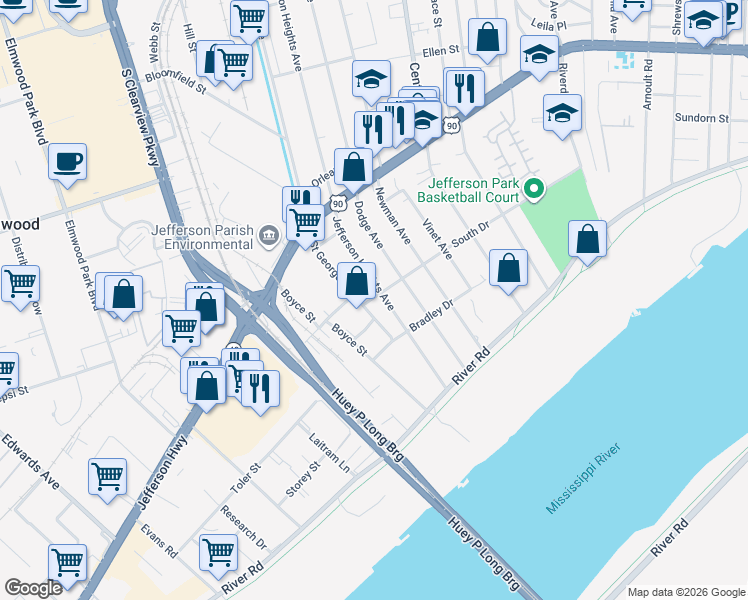 map of restaurants, bars, coffee shops, grocery stores, and more near 233 Saint George Avenue in New Orleans