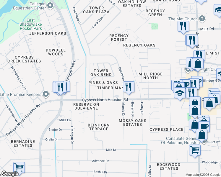 map of restaurants, bars, coffee shops, grocery stores, and more near 12403 Timber Manor Drive in Cypress
