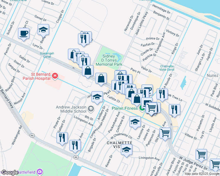 map of restaurants, bars, coffee shops, grocery stores, and more near 8300 West Judge Perez Drive in Chalmette