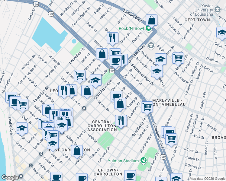 map of restaurants, bars, coffee shops, grocery stores, and more near 8002 Sycamore Street in New Orleans