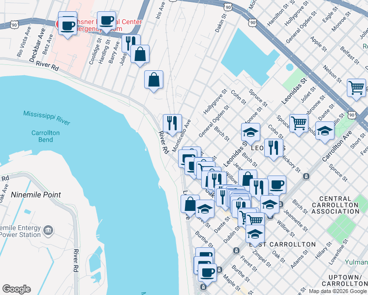 map of restaurants, bars, coffee shops, grocery stores, and more near 7 River Road in New Orleans