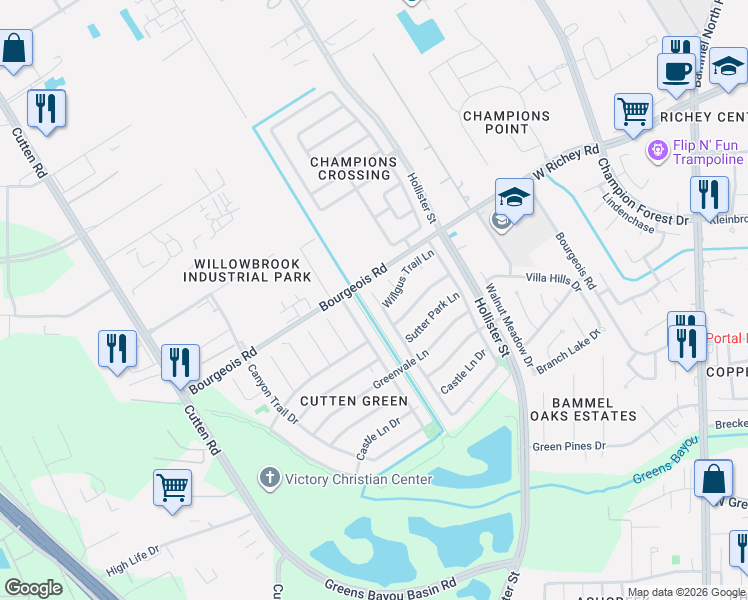 map of restaurants, bars, coffee shops, grocery stores, and more near 11527 Corola Trail Drive in Houston
