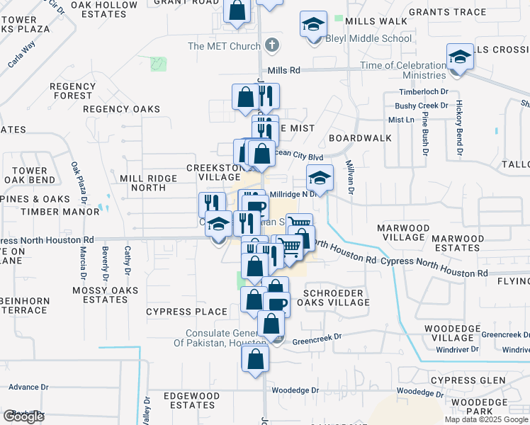 map of restaurants, bars, coffee shops, grocery stores, and more near 12330 Jones Rd in Houston