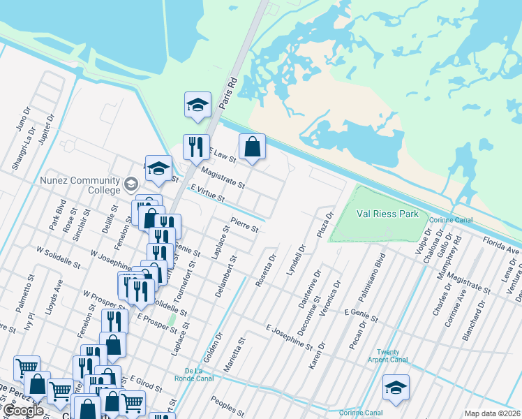 map of restaurants, bars, coffee shops, grocery stores, and more near 421B East Virtue Street in Chalmette