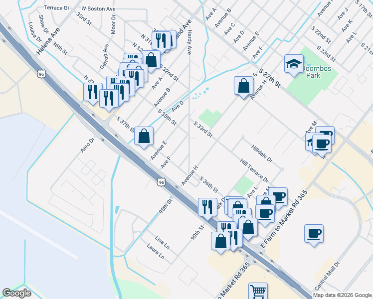 map of restaurants, bars, coffee shops, grocery stores, and more near 3610 Avenue G in Nederland
