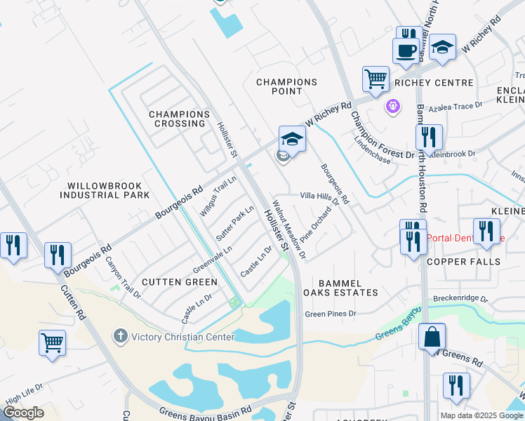 map of restaurants, bars, coffee shops, grocery stores, and more near 11414 Galbreath Drive in Houston