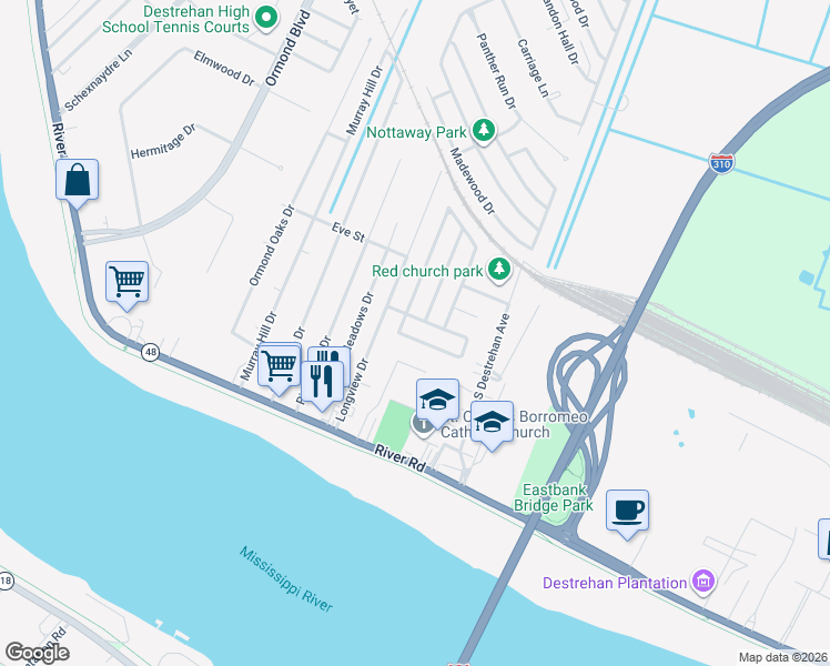 map of restaurants, bars, coffee shops, grocery stores, and more near 3773 Tara Drive in Destrehan