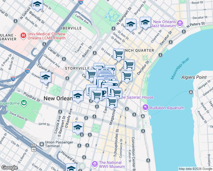 map of restaurants, bars, coffee shops, grocery stores, and more near in New Orleans