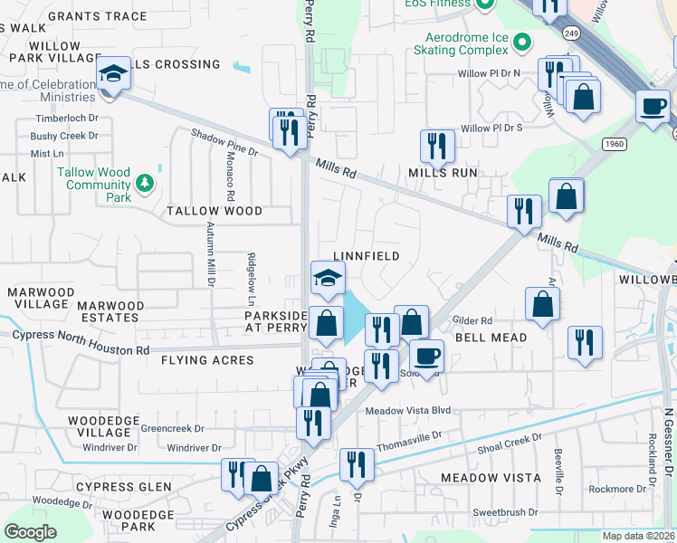 map of restaurants, bars, coffee shops, grocery stores, and more near 9422 Carsonmont Lane in Houston