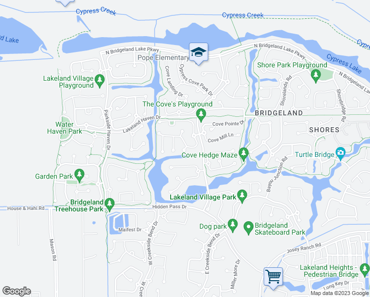 map of restaurants, bars, coffee shops, grocery stores, and more near 12102 Cove Harbor Lane in Cypress