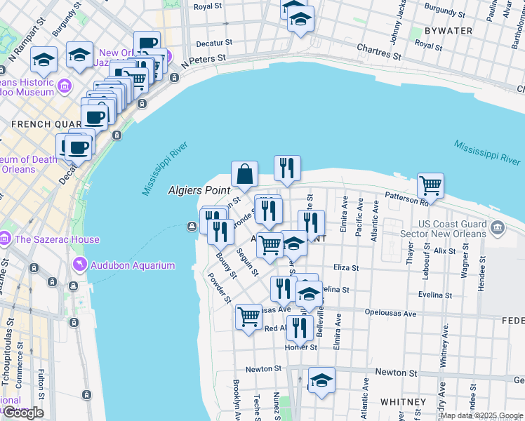 map of restaurants, bars, coffee shops, grocery stores, and more near 405 Delaronde Street in New Orleans