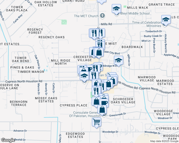 map of restaurants, bars, coffee shops, grocery stores, and more near 11118 Cypress North Houston Road in Houston