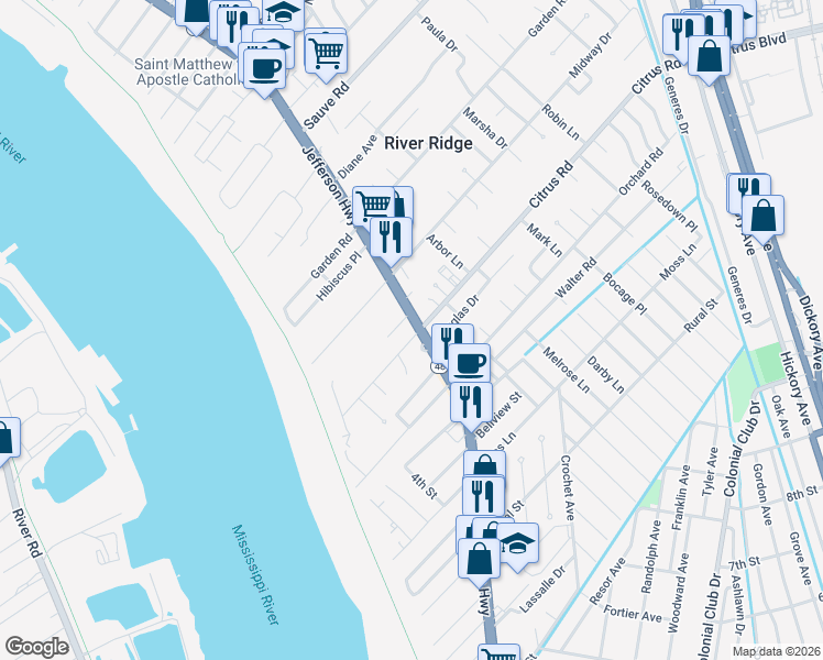 map of restaurants, bars, coffee shops, grocery stores, and more near 9446 Jefferson Highway in River Ridge