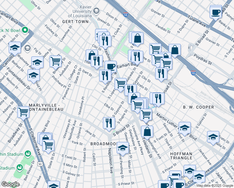 map of restaurants, bars, coffee shops, grocery stores, and more near 1613 South Salcedo Street in New Orleans