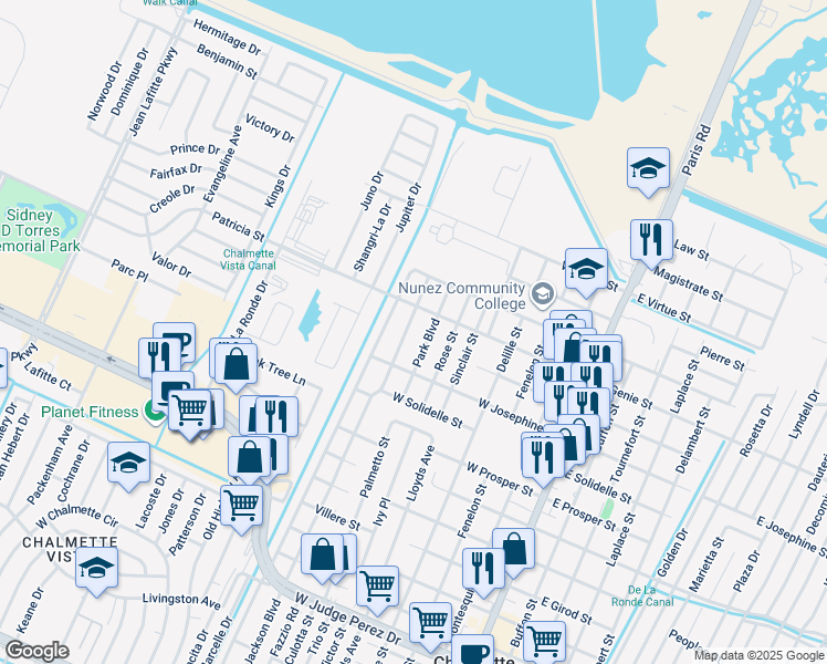 map of restaurants, bars, coffee shops, grocery stores, and more near 3504 Park Boulevard in Chalmette