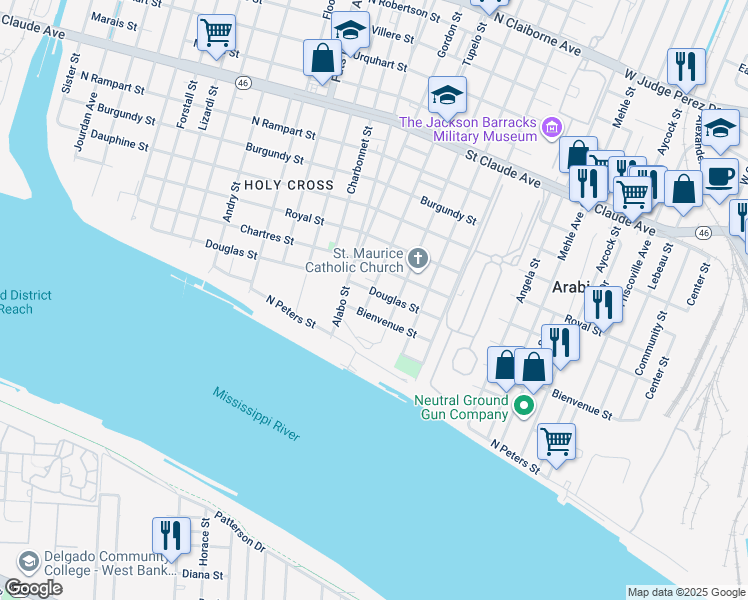 map of restaurants, bars, coffee shops, grocery stores, and more near 6123 Bienvenue Street in New Orleans