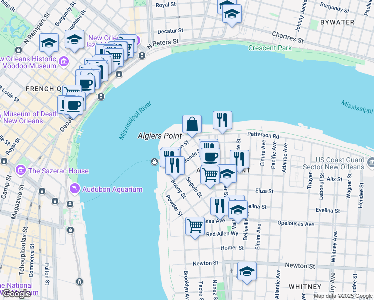 map of restaurants, bars, coffee shops, grocery stores, and more near 225 Morgan Street in New Orleans