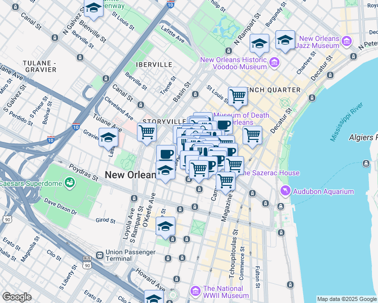 map of restaurants, bars, coffee shops, grocery stores, and more near 800 Canal Street in New Orleans