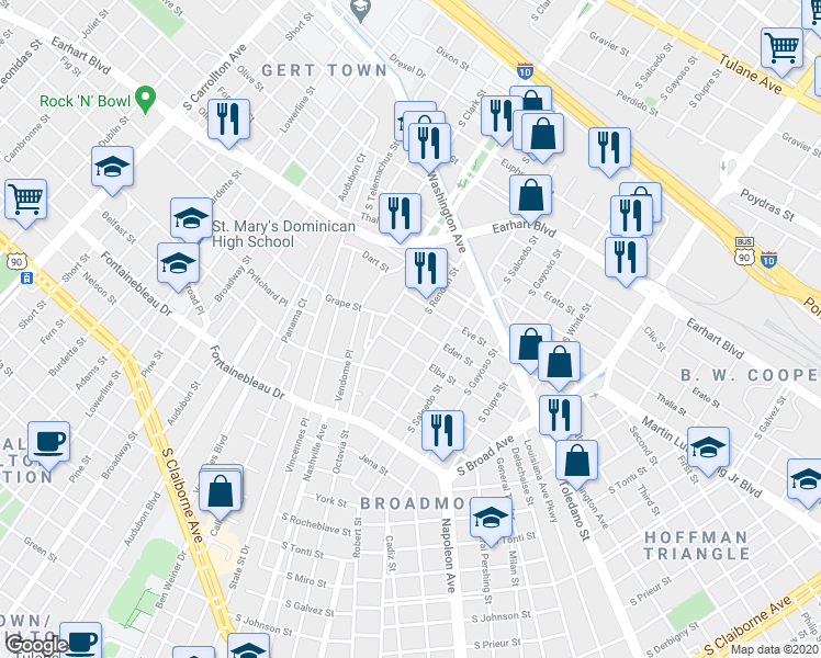 map of restaurants, bars, coffee shops, grocery stores, and more near 4418 Eden Street in New Orleans