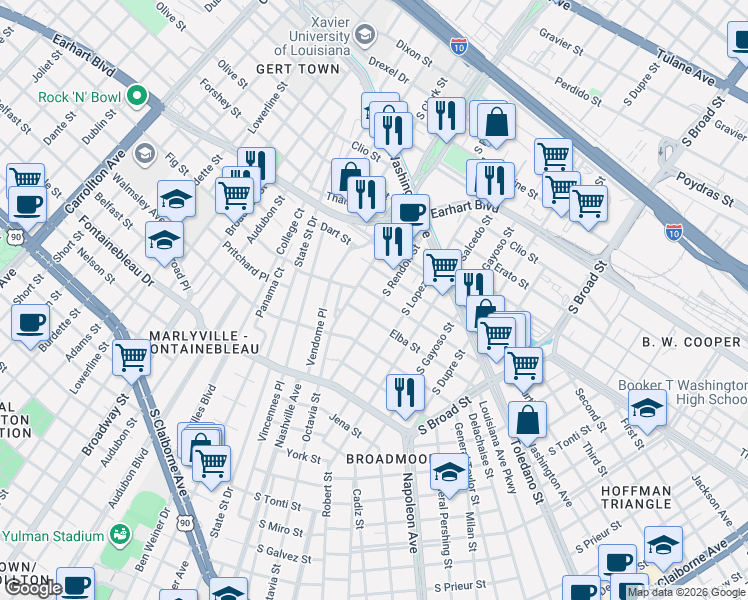 map of restaurants, bars, coffee shops, grocery stores, and more near 4520 Elba Street in New Orleans