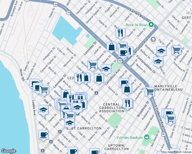 map of restaurants, bars, coffee shops, grocery stores, and more near 8132 Spruce Street in New Orleans