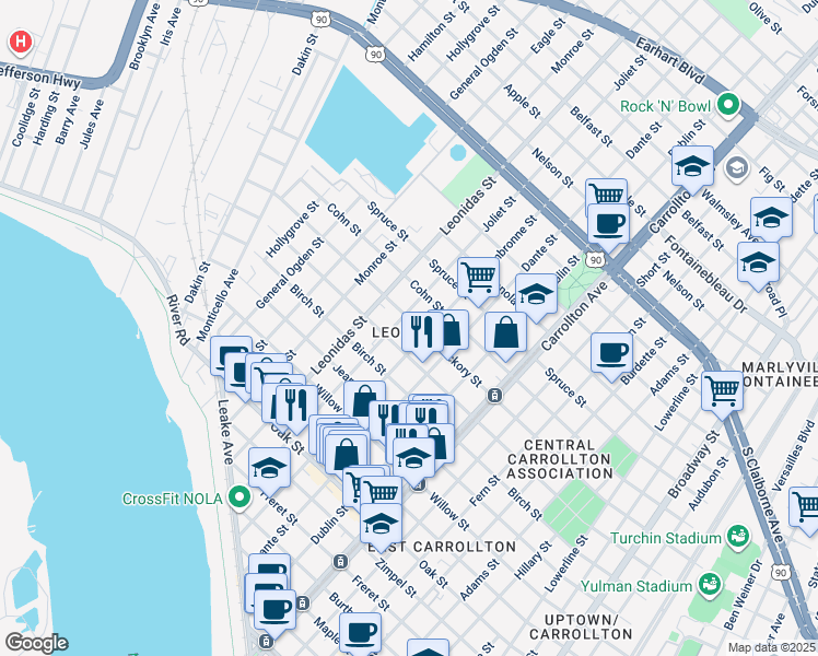 map of restaurants, bars, coffee shops, grocery stores, and more near 1701 Joliet Street in New Orleans