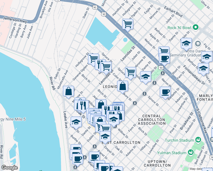 map of restaurants, bars, coffee shops, grocery stores, and more near 8423 Green Street in New Orleans