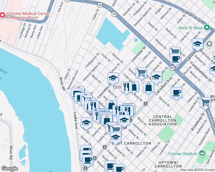 map of restaurants, bars, coffee shops, grocery stores, and more near 8526 Birch Street in New Orleans