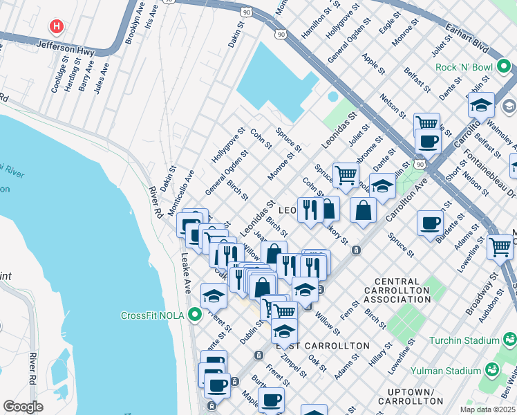 map of restaurants, bars, coffee shops, grocery stores, and more near 8526 Birch Street in New Orleans