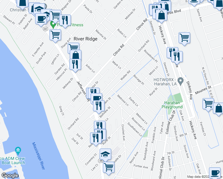 map of restaurants, bars, coffee shops, grocery stores, and more near 239 Walter Road in River Ridge