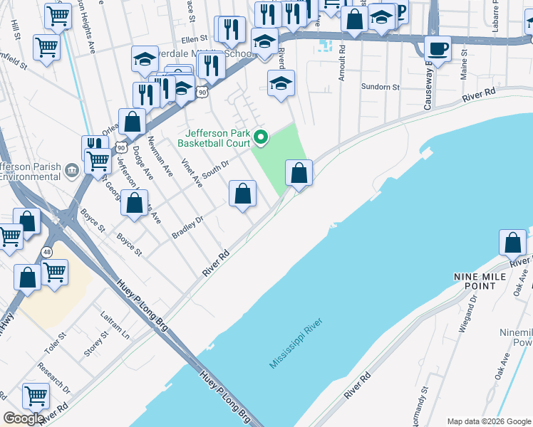 map of restaurants, bars, coffee shops, grocery stores, and more near 4207 Louisiana 611-1 in Jefferson