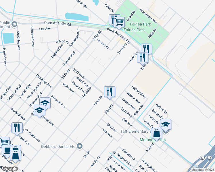 map of restaurants, bars, coffee shops, grocery stores, and more near 6943 Howe Street in Groves