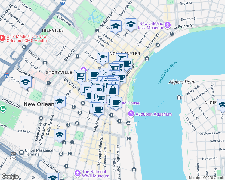 map of restaurants, bars, coffee shops, grocery stores, and more near in New Orleans