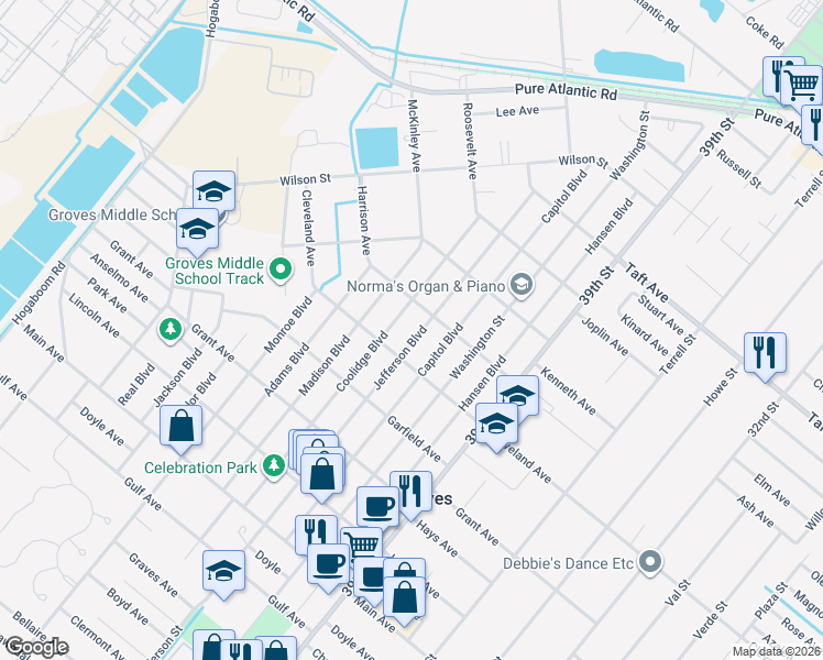 map of restaurants, bars, coffee shops, grocery stores, and more near 6523 Jefferson Boulevard in Groves